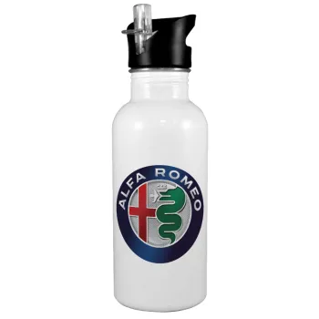 Alfa Romeo, White water bottle with straw, stainless steel 600ml