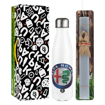 Alfa Romeo, Easter candle, metallic white thermos bottle (500ml) & aromatic flat candle (30cm) (GRAY)