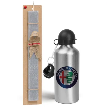 Alfa Romeo, Easter Set, metallic silver aluminum water bottle (500ml) & aromatic flat Easter candle (30cm) (GRAY)