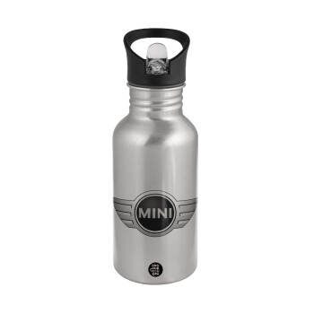 mini cooper, Water bottle Silver with straw, stainless steel 500ml