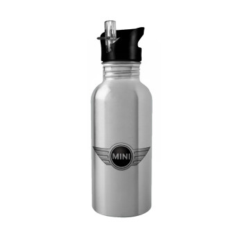 mini cooper, Water bottle Silver with straw, stainless steel 600ml
