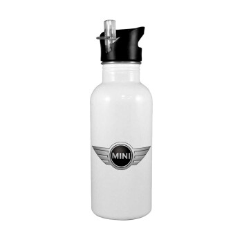 mini cooper, White water bottle with straw, stainless steel 600ml