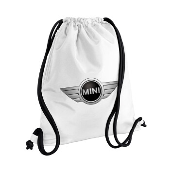 mini cooper, Τσάντα πλάτης πουγκί GYMBAG λευκή, με τσέπη (40x48cm) & χονδρά κορδόνια
