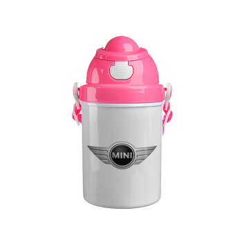 mini cooper, Ροζ παιδικό παγούρι πλαστικό (BPA-FREE) με καπάκι ασφαλείας, κορδόνι και καλαμάκι, 400ml