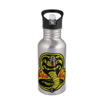 Cobra Kai Yellow, Water bottle Silver with straw, stainless steel 500ml