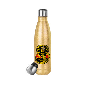 Cobra Kai Yellow, Μεταλλικό παγούρι θερμός Glitter χρυσό (Stainless steel), διπλού τοιχώματος, 500ml