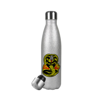 Cobra Kai Yellow, Μεταλλικό παγούρι θερμός Glitter Aσημένιο (Stainless steel), διπλού τοιχώματος, 500ml