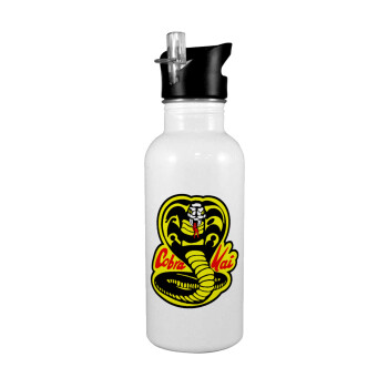 Cobra Kai Yellow, White water bottle with straw, stainless steel 600ml