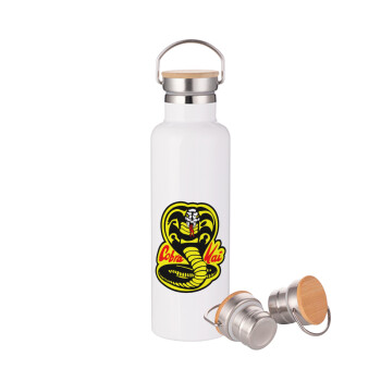 Cobra Kai Yellow, Stainless steel White with wooden lid (bamboo), double wall, 750ml