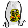 Cobra Kai Yellow, Τσάντα πλάτης πουγκί GYMBAG λευκή, με τσέπη (40x48cm) & χονδρά κορδόνια