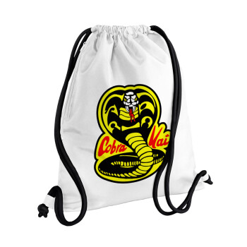 Cobra Kai Yellow, Τσάντα πλάτης πουγκί GYMBAG λευκή, με τσέπη (40x48cm) & χονδρά κορδόνια