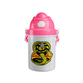 Cobra Kai Yellow, Ροζ παιδικό παγούρι πλαστικό (BPA-FREE) με καπάκι ασφαλείας, κορδόνι και καλαμάκι, 400ml