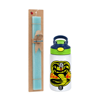 Cobra Kai Yellow, Easter Set, Children's thermal stainless steel bottle with safety straw, green/blue (350ml) & aromatic flat Easter candle (30cm) (TURQUOISE)