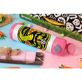 Cobra Kai Yellow, Πασχαλινή Λαμπάδα με Παιδικό παγούρι θερμό, ανοξείδωτο, με καλαμάκι ασφαλείας, ΡΟΖ (500ml)