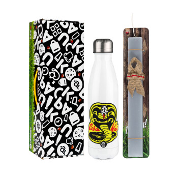 Cobra Kai Yellow, Easter candle, metallic white thermos bottle (500ml) & aromatic flat candle (30cm) (GRAY)