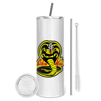 Cobra Kai Yellow, Eco friendly ποτήρι θερμό (tumbler) από ανοξείδωτο ατσάλι 600ml, με μεταλλικό καλαμάκι & βούρτσα καθαρισμού