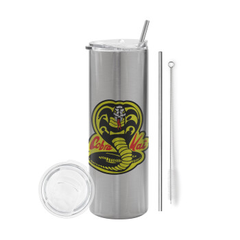 Cobra Kai Yellow, Tumbler ποτήρι θερμό Ασημένιο από ανοξείδωτο ατσάλι 600ml, με μεταλλικό καλαμάκι & βούρτσα καθαρισμού