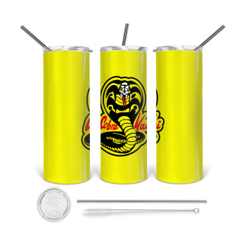 Cobra Kai Yellow, 360 Eco friendly ποτήρι θερμό (tumbler) από ανοξείδωτο ατσάλι 600ml, με μεταλλικό καλαμάκι & βούρτσα καθαρισμού