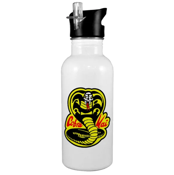 Cobra Kai Yellow — Παγούρι νερού Λευκό με καλαμάκι, ανοξείδωτο ατσάλι 600ml