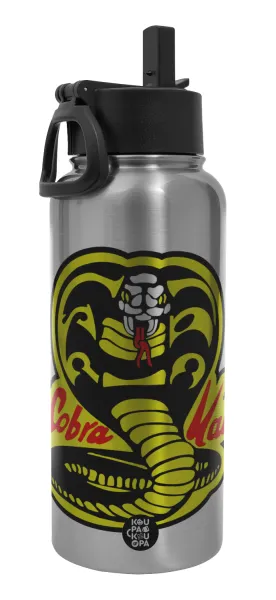 Cobra Kai Yellow — Μεταλλικό παγούρι θερμός Silver με καλαμάκι και χερούλι (Stainless steel), διπλού τοιχώματος, 950ml