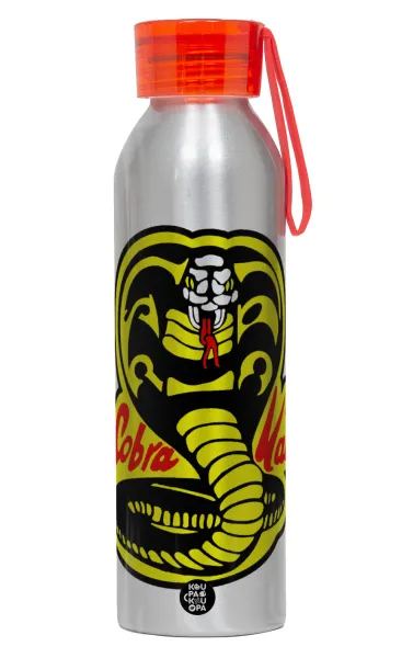 Cobra Kai Yellow — Aluminum Sports Bottle 650ml – Silver with Red Cap and Silicone Strap