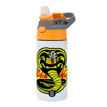 Cobra Kai Yellow, Children's hot water bottle, stainless steel, with safety straw, Orange/Grey (360ml) BPA-FREE