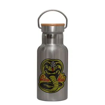 Cobra Kai Yellow, Stainless steel metallic thermos flask, silver with a bamboo lid, double-walled, 350ml.