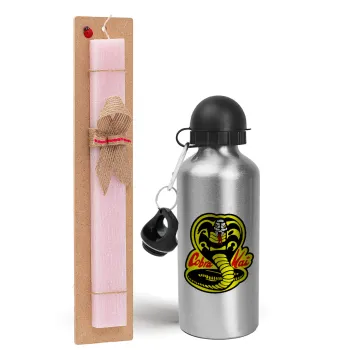 Cobra Kai Yellow, Easter Set, metallic Silver aluminum water bottle (500ml) & scented flat Easter candle (30cm) (PINK)