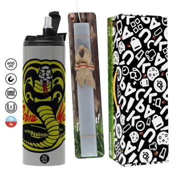 Cobra Kai Yellow, Πασχαλινή Λαμπάδα με Travel Tumbler θερμό (600ml, BPA free) & κερί αρωματικό πλακέ (30cm) (ΓΚΡΙ)