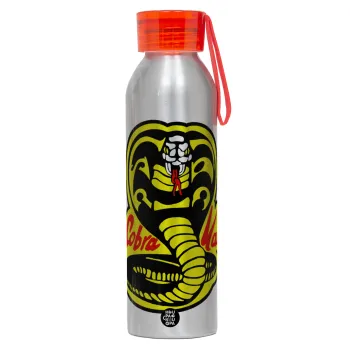 Cobra Kai Yellow, Αλουμινένιο Αθλητικό Μπουκάλι 650ml – Ασημί με Κόκκινο Καπάκι και Λουράκι Σιλικόνης