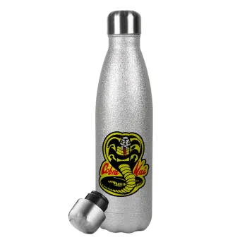 Cobra Kai Yellow, Μεταλλικό παγούρι θερμός Glitter Aσημένιο (Stainless steel), διπλού τοιχώματος, 500ml