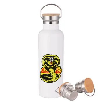Cobra Kai Yellow, Μεταλλικό παγούρι θερμός (Stainless steel) Λευκό με ξύλινο καπάκι (bamboo), διπλού τοιχώματος, 750ml