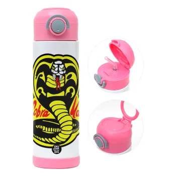 Cobra Kai Yellow, Children's hot water bottle, stainless steel, with safety straw, PINK (500ml)