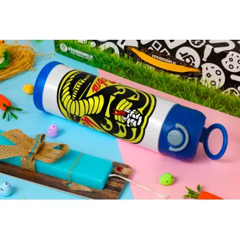 Cobra Kai Yellow, Πασχαλινή Λαμπάδα με Παιδικό παγούρι θερμό, ανοξείδωτο, με καλαμάκι ασφαλείας, ΜΠΛΕ (500ml)