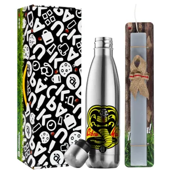 Cobra Kai Yellow, Easter Set, metallic stainless thermos flask (500ml) & scented flat Easter candle (30cm) (GRAY)