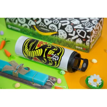 Cobra Kai Yellow, Easter candle,Travel Tumbler 2 Lids, with metal straw & cleaning brush & aromatic flat candle (30cm) (BLUE)