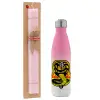 Easter Set, Metallic pink/white (Stainless steel) thermos, double-walled, 500ml & aromatic flat Easter candle (30cm) (PINK)