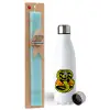 Easter Set, metallic stainless steel water bottle (750ml) & aromatic flat Easter candle (30cm) (TURQUOISE)