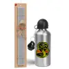 Easter Set, metallic silver aluminum water bottle (500ml) & aromatic flat Easter candle (30cm) (GRAY)