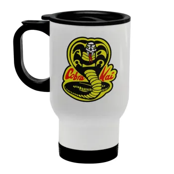 Cobra Kai Yellow, Κούπα ταξιδιού ανοξείδωτη με καπάκι, διπλού τοιχώματος (θερμό) λευκή 450ml