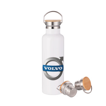 VOLVO, Stainless steel White with wooden lid (bamboo), double wall, 750ml