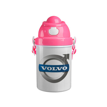 VOLVO, Ροζ παιδικό παγούρι πλαστικό (BPA-FREE) με καπάκι ασφαλείας, κορδόνι και καλαμάκι, 400ml