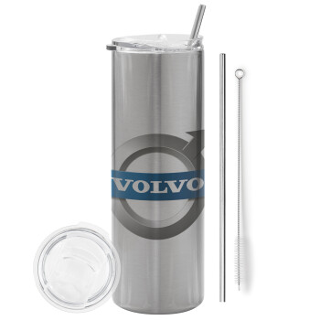 VOLVO, Eco friendly ποτήρι θερμό Ασημένιο (tumbler) από ανοξείδωτο ατσάλι 600ml, με μεταλλικό καλαμάκι & βούρτσα καθαρισμού