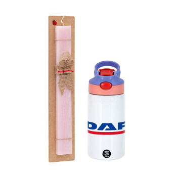 DAF, Πασχαλινό Σετ, Παιδικό παγούρι θερμό, ανοξείδωτο, με καλαμάκι ασφαλείας, ροζ/μωβ (350ml) & πασχαλινή λαμπάδα αρωματική πλακέ (30cm) (ΡΟΖ)