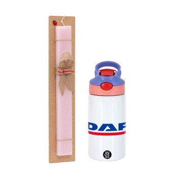 DAF, Easter Set, Children's thermal stainless steel water bottle with safety straw, pink/purple (350ml) & Easter scented flat candle (30cm) (PINK)