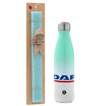DAF, Easter Set, Metallic green/white thermos (Stainless steel), double-walled, 500ml & scented flat Easter candle (30cm) (TURQUOISE)