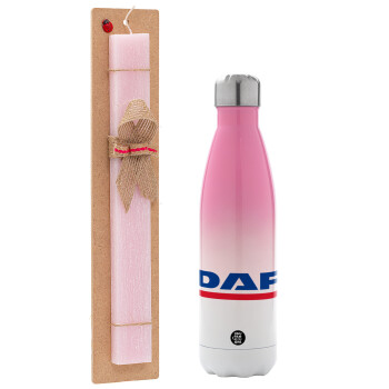 DAF, Easter Set, Metallic pink/white (Stainless steel) thermos, double-walled, 500ml & aromatic flat Easter candle (30cm) (PINK)