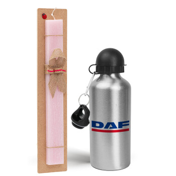 DAF, Easter Set, metallic Silver aluminum water bottle (500ml) & scented flat Easter candle (30cm) (PINK)
