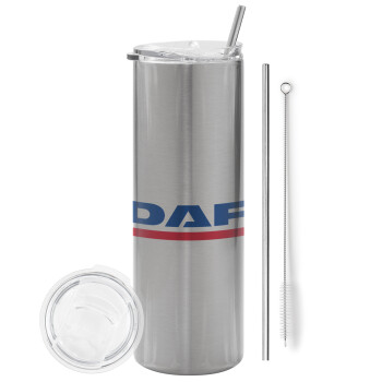 DAF, Eco friendly ποτήρι θερμό Ασημένιο (tumbler) από ανοξείδωτο ατσάλι 600ml, με μεταλλικό καλαμάκι & βούρτσα καθαρισμού