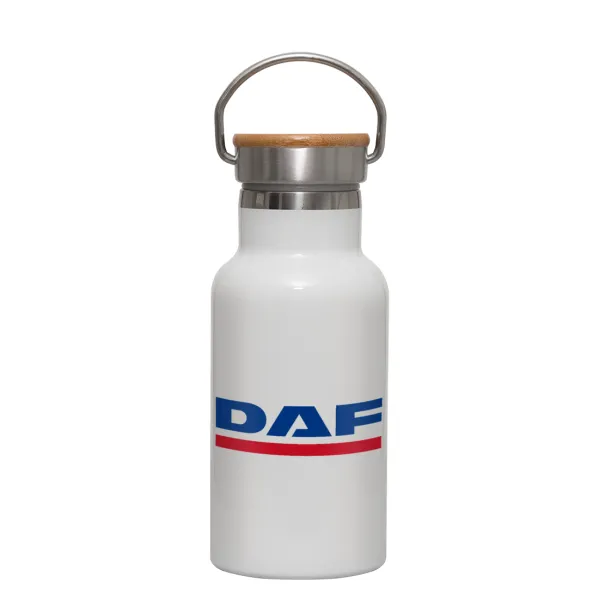 DAF — Metallic thermos (Stainless steel) White with wooden lid (bamboo), double-walled, 350ml